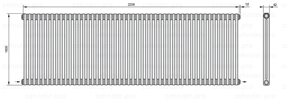 Схема (чертеж) Радиатор Zehnder Charleston 2180/48 №2670 Белый глянцевый RAL 9016
